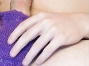 Purple bikini, precum lick, cum on belly