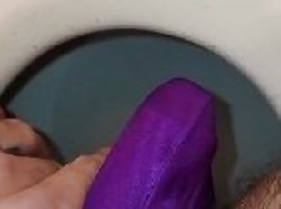 Peeing in purple panties for a customer