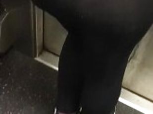 Wife in See through leggings with fatigue panties on public train