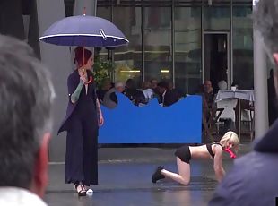 Public perverted naked bitch seduced by BDSM lady outdoo