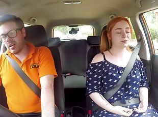 Curvy ginger publicly riding british driving teacher in car