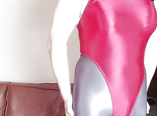 Spandex Crossdresser in Shiny Leohex Leotard and Tights