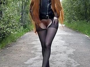 Walked without a skirt and panties in erotic tights with open crotch
