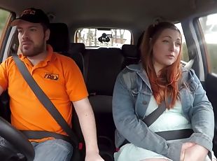 Curvy redhead tattooed babe publicly fucked in car by instructor