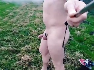 Long naked walk in feild then walk onto main track and cum