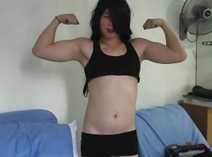 Sexy asian crossdresser in black navel shirt dancing, flexing and posing!