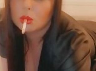 Smoking in a leather dress with red lipstick - full video on my onlyfans- link in bio & in comments