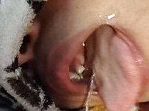 Stepdaughter drinking her breakfast juice and milk + urine and cumshot in mouth