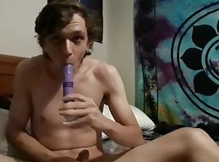 Sexy boy suck vibrator and masturbates