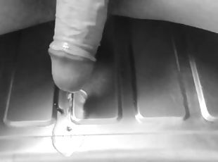 Piss desperation. Slow mo pee in kitchen sink at work - with stop start and semi hard throbbing