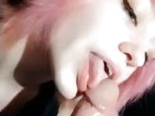 Horny, cute, pink, massaging cock with lips