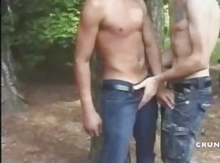 des beaux mecs latrinos baisent dans les bois sur un leu de drague