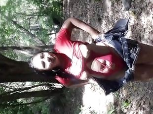 Exhibition: Walking and hiking through the woods with her tits out in the open