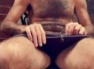 Hairy guy jacking off outside on back porch while neighbors go by teaser