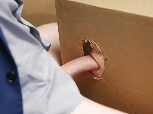 Bride to be blowing dick through shipping box hole