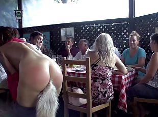 Lesbians nailing in public restaurant