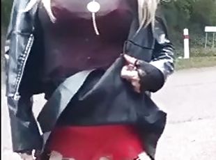 Crossdressing in public in leather outfit part 1