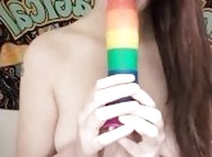 Sticking my rainbow dildo down my throat and fucking myself silly