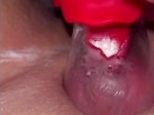 Very closeup suction and licking clit toy