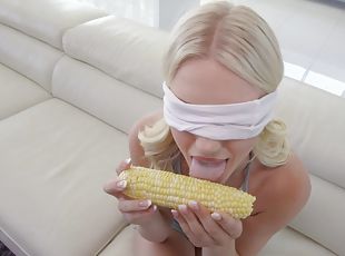 Blind folded blonde takes the big tool in both her juicy holes