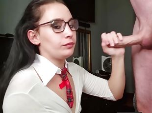 Nerdy Slut Gets Her Eye Glasses Covered In Cum After Repeatedly Sucking And Jerking Off Cock