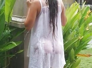 NO PANTIES fetish# PUBLIC without panties n transparent wet dress # Public flashing among bungalows