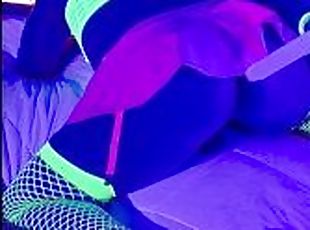 Sissy cross dresser anal training in neon lingerie. Blacklight masturbation with mirror