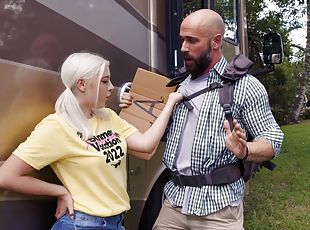 Cute blonde lets random man follow her into her bus home to fuck her brains out