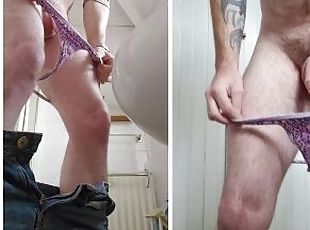 Dual view pissing wearing a thong