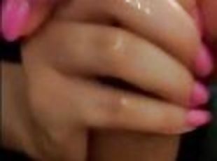 Full Handjob with Amazing Hands and Long Pink Nails makes him Cum on Her Young Tits