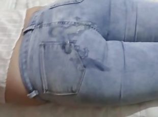 Stepmother puts on her jeans so I can cum on her ass after masturbating