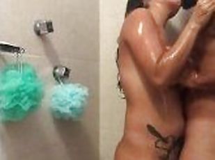 Young interracial couple have a hot and sensual shower and fuck